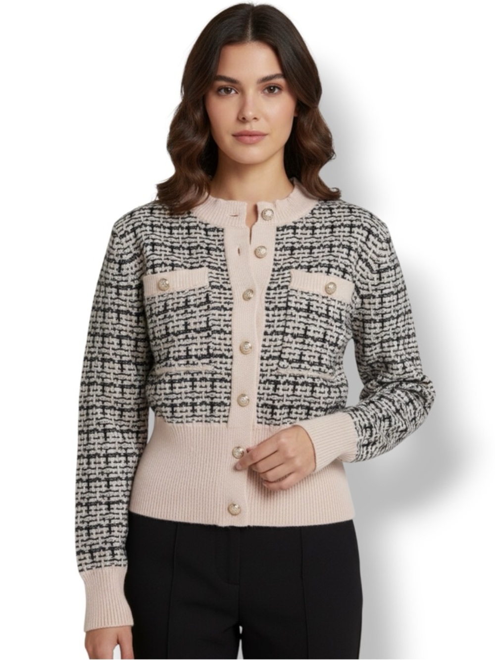 Classic Tweed Button-Up Cardigan in Blush and Black. Women’s Size Small.